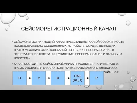 СЕЙСМОРЕГИСТРАЦИОННЫЙ КАНАЛ СЕЙСМОРЕГИСТРИРУЮЩИЙ КАНАЛ ПРЕДСТАВЛЯЕТ СОБОЙ СОВОКУПНОСТЬ ПОСЛЕДОВАТЕЛЬНО СОЕДИНЕННЫХ УСТРОЙСТВ,