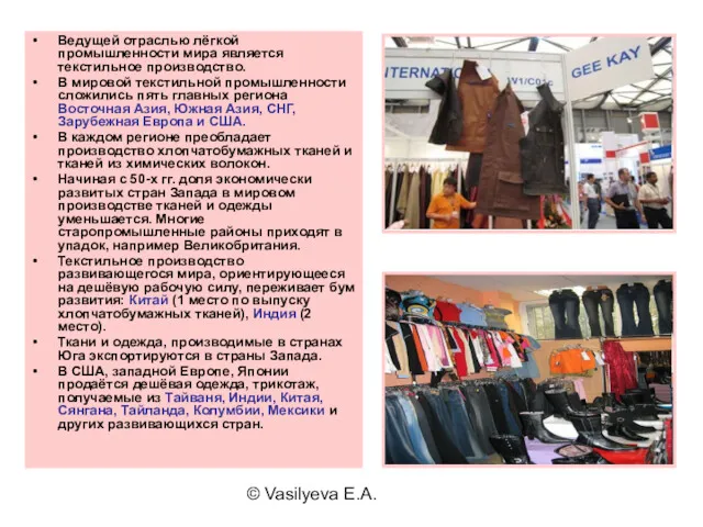 © Vasilyeva E.A. Ведущей отраслью лёгкой промышленности мира является текстильное производство. В мировой