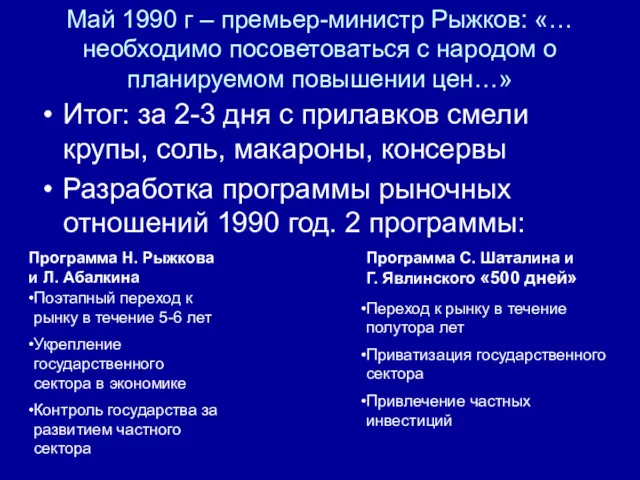 Май 1990 г – премьер-министр Рыжков: «… необходимо посоветоваться с народом о планируемом