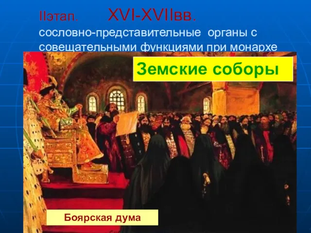 IIэтап. XVI-XVIIвв. сословно-представительные органы с совещательными функциями при монархе Земские соборы Боярская дума