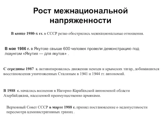 Рост межнациональной напряженности В конце 1980-х гг. в СССР резко обострились межнациональные отношения.