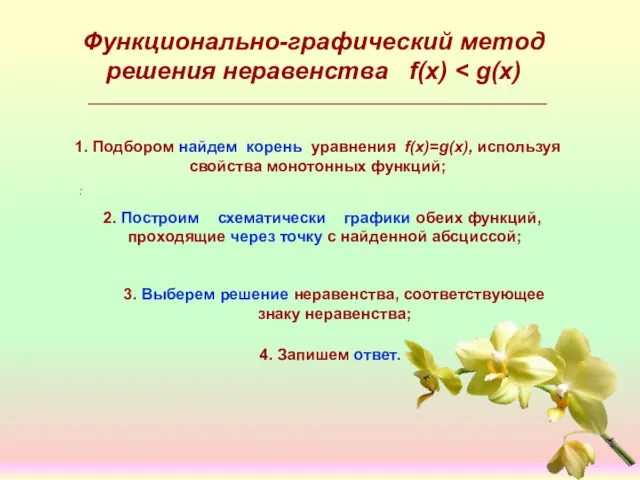 Функционально-графический метод решения неравенства f(x) : 1. Подбором найдем корень