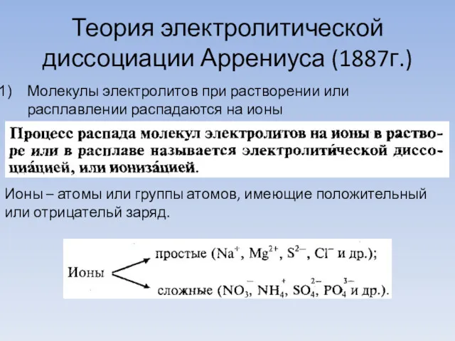 Теория электролитической диссоциации Аррениуса (1887г.) Молекулы электролитов при растворении или
