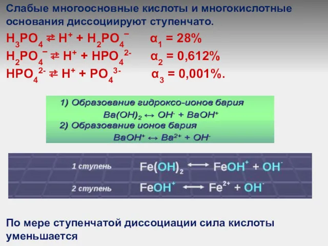 Слабые многоосновные кислоты и многокислотные основания диссоциируют ступенчато. Н3РO4 ⇄