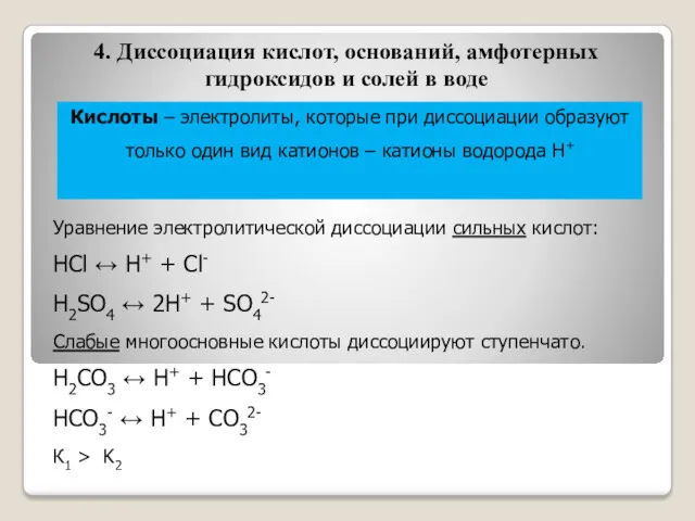 4. Диссоциация кислот, оснований, амфотерных гидроксидов и солей в воде