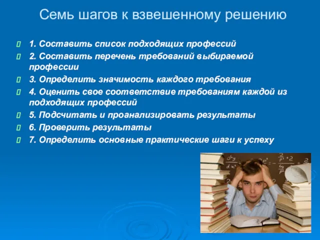 Семь шагов к взвешенному решению 1. Составить список подходящих профессий