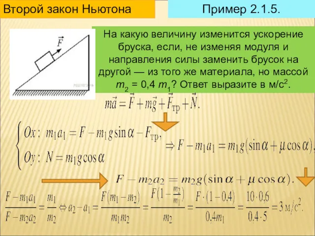 Пример 2.1.5. Второй закон Ньютона На какую величину изменится ускорение