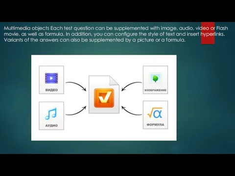 Multimedia objects Each test question can be supplemented with image,