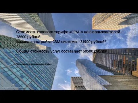 Стоимость годового тарифа «CRM+» на 6 пользователей - 28600 рублей