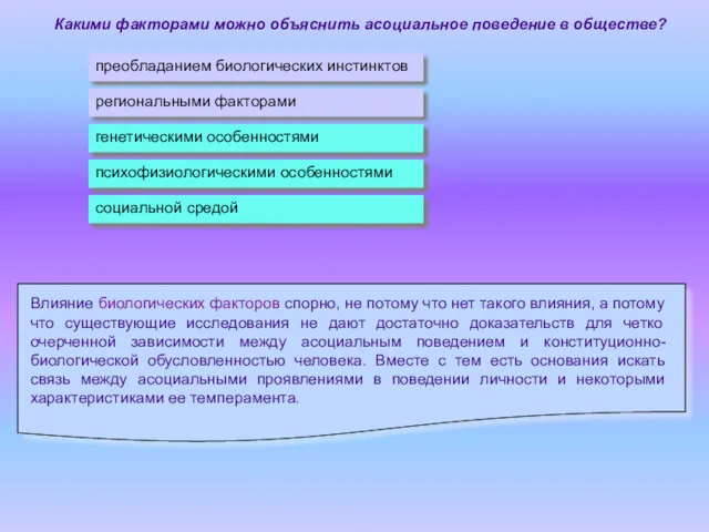 Какими факторами можно объяснить асоциальное поведение в обществе? преобладанием биологических