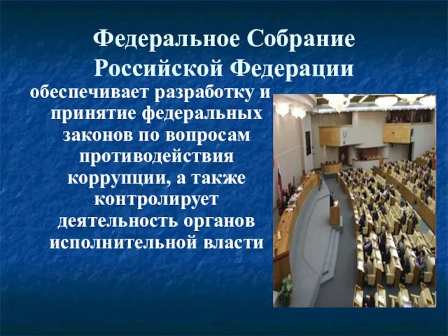 Федеральное Собрание Российской Федерации обеспечивает разработку и принятие федеральных законов