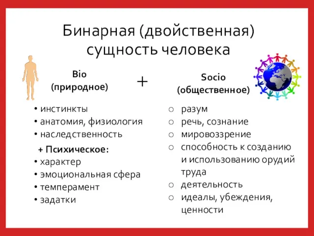 Бинарная (двойственная) сущность человека Bio (природное) Socio (общественное) + инстинкты