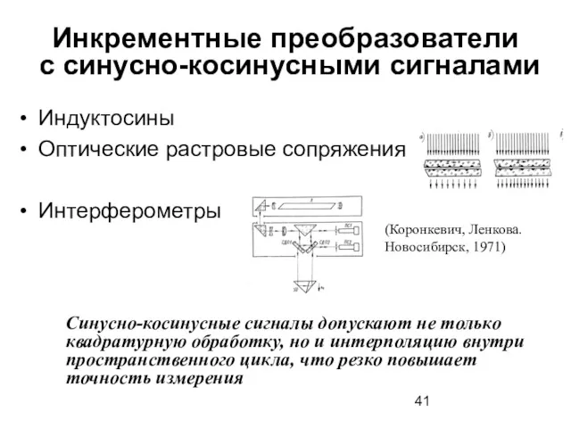 Инкрементные преобразователи с синусно-косинусными сигналами Индуктосины Оптические растровые сопряжения Интерферометры