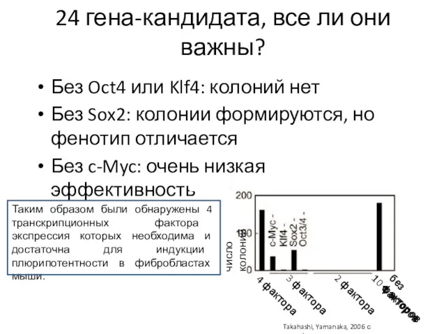 Без Oct4 или Klf4: колоний нет Без Sox2: колонии формируются,