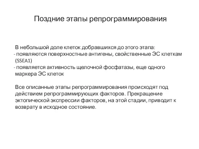 Поздние этапы репрограммирования В небольшой доле клеток добравшихся до этого