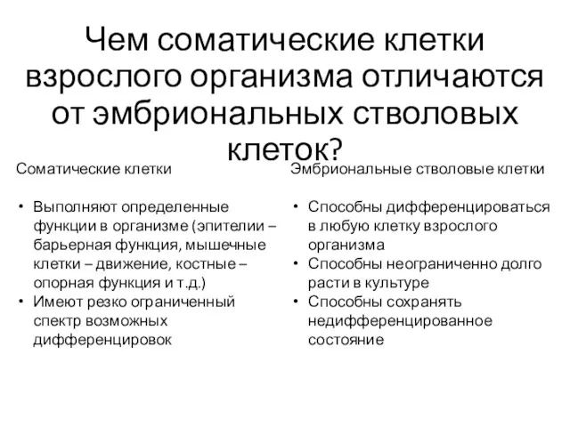 Чем соматические клетки взрослого организма отличаются от эмбриональных стволовых клеток?