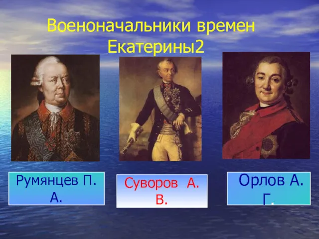 Военоначальники времен Екатерины2 Суворов А.В. Румянцев П.А. Орлов А.Г.