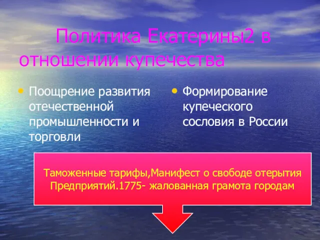 Политика Екатерины2 в отношении купечества Поощрение развития отечественной промышленности и