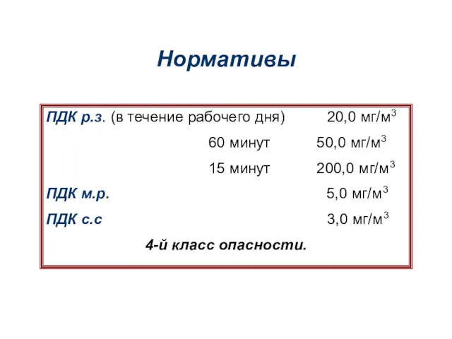 Нормативы ПДК р.з. (в течение рабочего дня) 20,0 мг/м3 60
