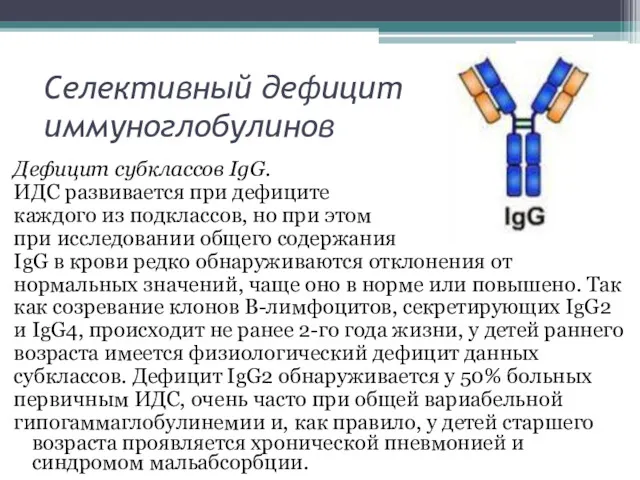 Селективный дефицит иммуноглобулинов Дефицит субклассов IgG. ИДС развивается при дефиците