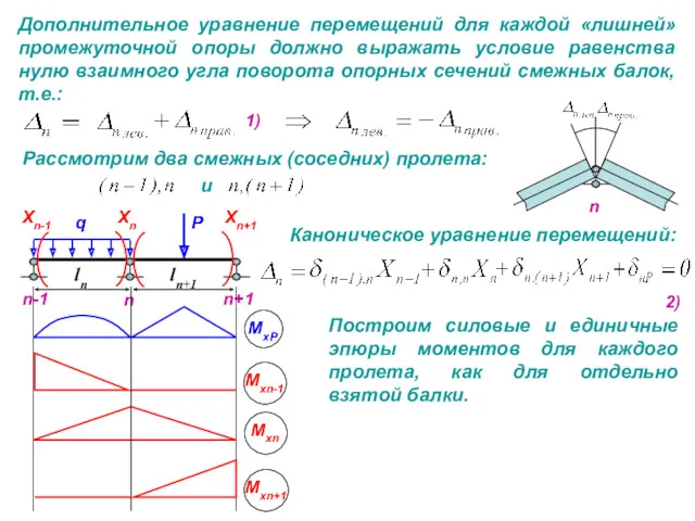 Дополнительное уравнение перемещений для каждой «лишней» промежуточной опоры должно выражать
