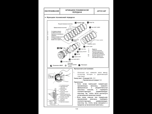 ОБСЛУЖИВАНИЕ Функциональная проверка Используя щуп, измерьте зазор между стопорным кольцом