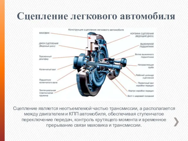 Сцепление легкового автомобиля Сцепление является неотъемлемой частью трансмиссии, а располагается между двигателем и