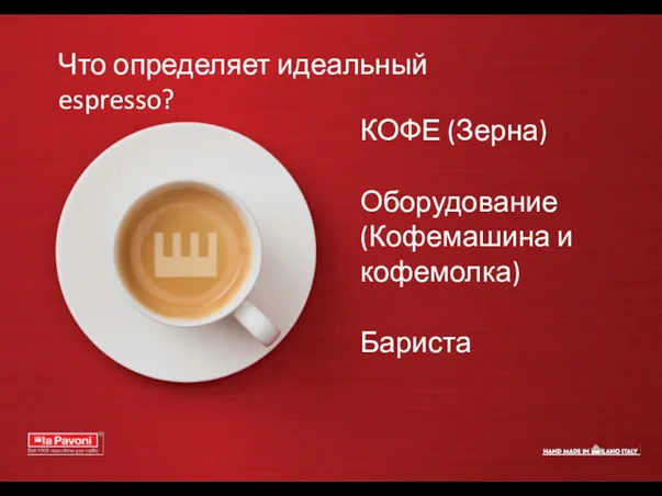 Что определяет идеальный espresso? КОФЕ (Зерна) Оборудование (Кофемашина и кофемолка) Бариста