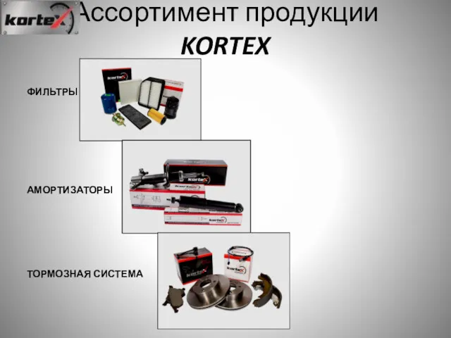 Ассортимент продукции KORTEX ФИЛЬТРЫ АМОРТИЗАТОРЫ ТОРМОЗНАЯ СИСТЕМА