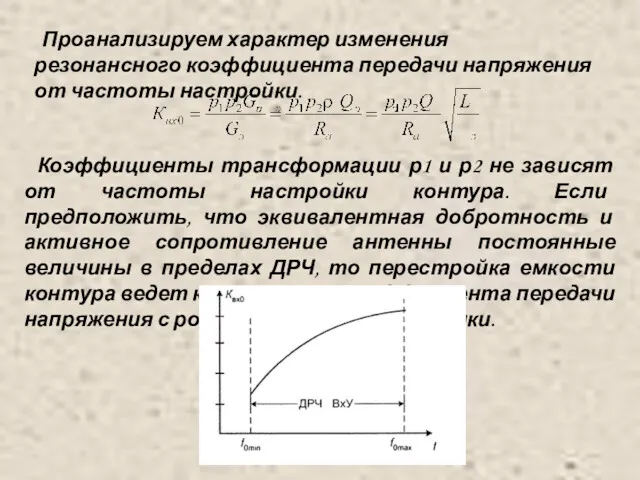 Проанализируем характер изменения резонансного коэффициента передачи напряжения от частоты настройки.