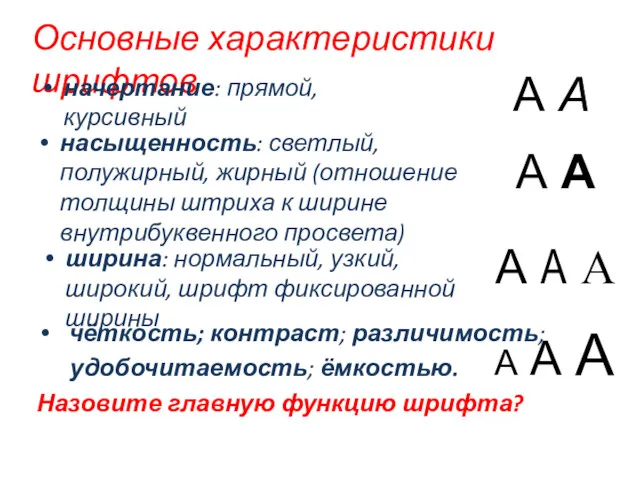 Основные характеристики шрифтов начертание: прямой, курсивный А А А А