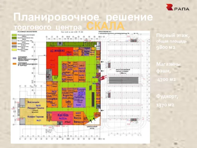 Планировочное решение торгового центра СКАЛА Первый этаж, общая площадь 9800