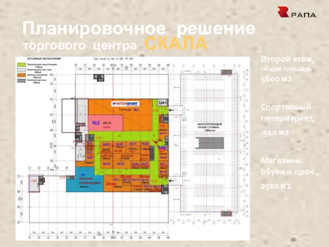 Планировочное решение торгового центра СКАЛА Второй этаж, общая площадь 5600