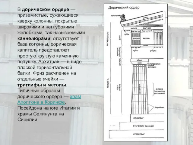 В дорическом ордере — приземистые, сужающиеся кверху колонны, покрытые широкими