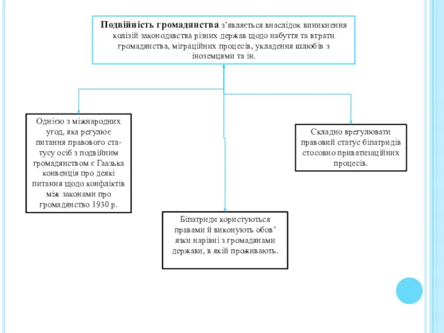 Подвійність громадянства з’являється внаслідок виникнення колізій законодавства різних держав щодо