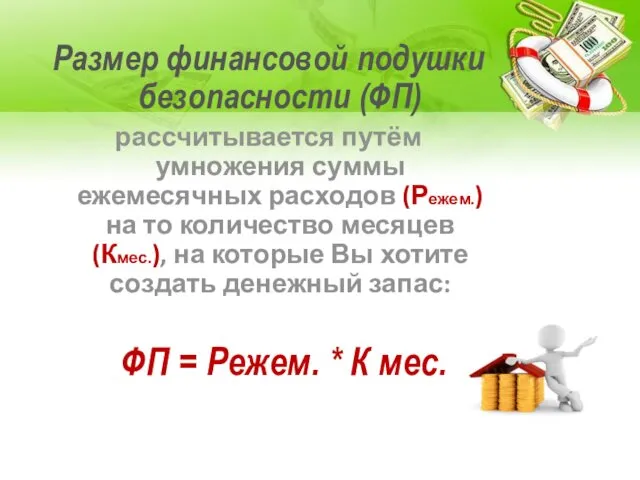 Размер финансовой подушки безопасности (ФП) рассчитывается путём умножения суммы ежемесячных