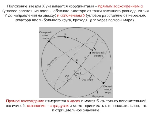 Положение звезды Х указывается координатами – прямым восхождением α (угловое расстояние вдоль небесного