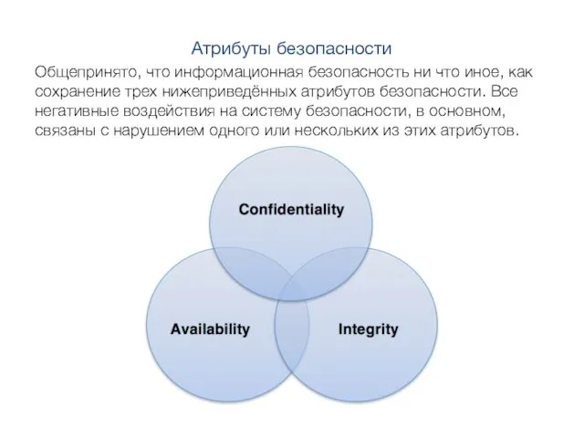 Атрибуты безопасности Общепринято, что информационная безопасность ни что иное, как