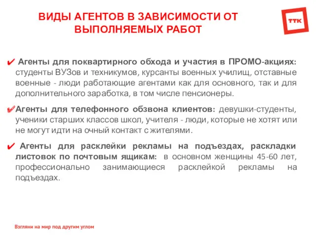 ВИДЫ АГЕНТОВ В ЗАВИСИМОСТИ ОТ ВЫПОЛНЯЕМЫХ РАБОТ Агенты для поквартирного обхода и участия