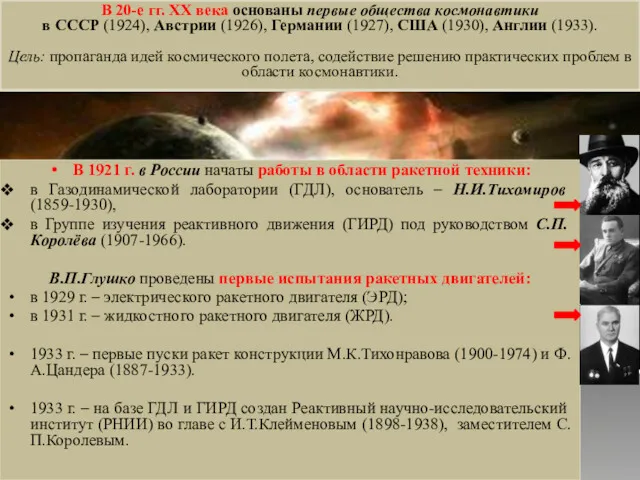 В 20-е гг. ХХ века основаны первые общества космонавтики в