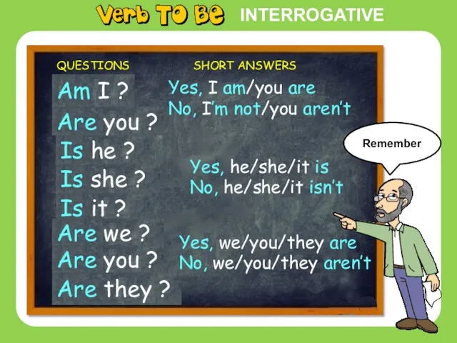 INTERROGATIVE Yes, he/she/it is No, he/she/it isn’t QUESTIONS SHORT ANSWERS