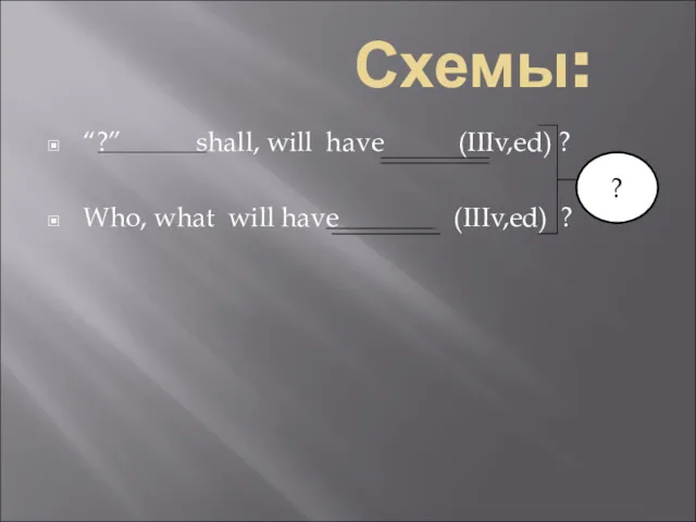 Схемы: “?” shall, will have (IIIv,ed) ? Who, what will have (IIIv,ed) ? ?