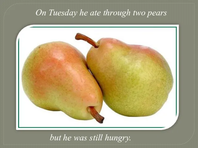 On Tuesday he ate through two pears but he was still hungry.