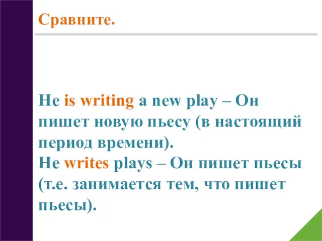 Сравните. He is writing a new play – Он пишет