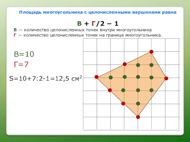 Площадь многоугольника с целочисленными вершинами равна В + Г/2 −