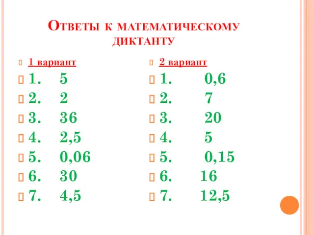Ответы к математическому диктанту 1 вариант 1. 5 2. 2
