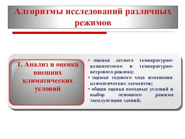 Алгоритмы исследований различных режимов оценка летнего температурно-влажностного и температурно-ветрового режима;