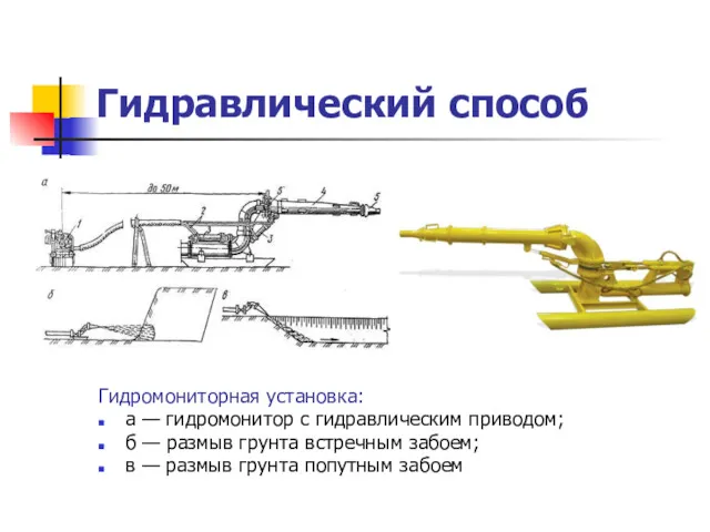 Гидравлический способ Гидромониторная установка: а — гидромонитор с гидравлическим приводом;