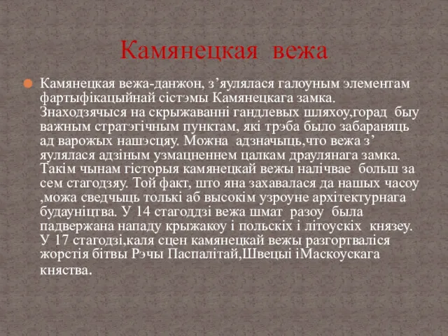 Камянецкая вежа-данжон, з’яулялася галоуным элементам фартыфікацыйнай сістэмы Камянецкага замка. Знаходзячыся