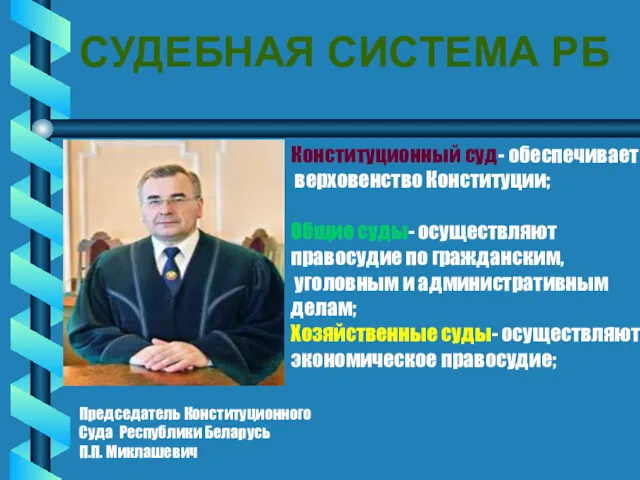 СУДЕБНАЯ СИСТЕМА РБ Председатель Конституционного Суда Республики Беларусь П.П. Миклашевич